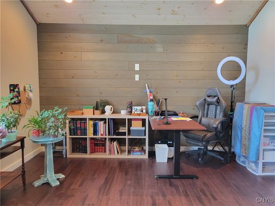 Home Office, Interior, Recessed Lighting, Wood Texture Flooring, Wooden Walls
