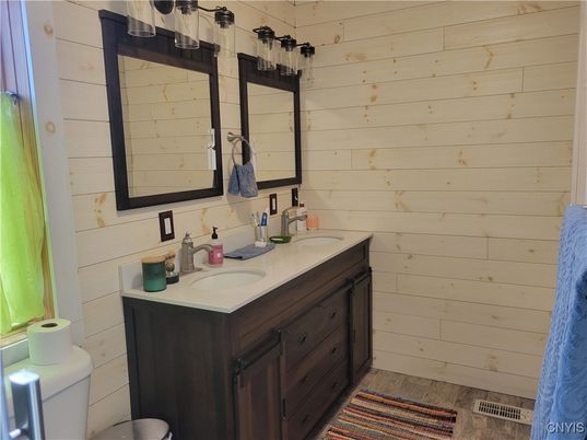 Bathroom, Dual Sink Vanities, Interior, Wood Texture Flooring, Wooden Walls