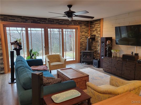 Fireplace, Interior, Living room, Stone Walls, Wood Texture Flooring