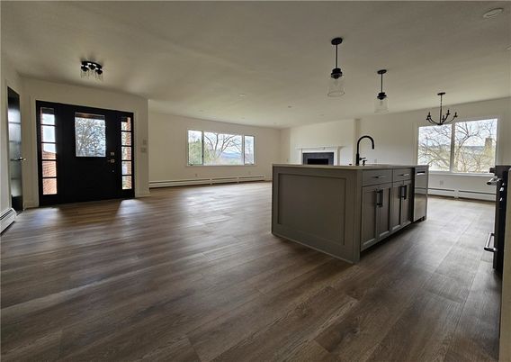 Fireplace, Interior, Kitchen, Pendant Lights, Recessed Lighting, Wood Texture Flooring