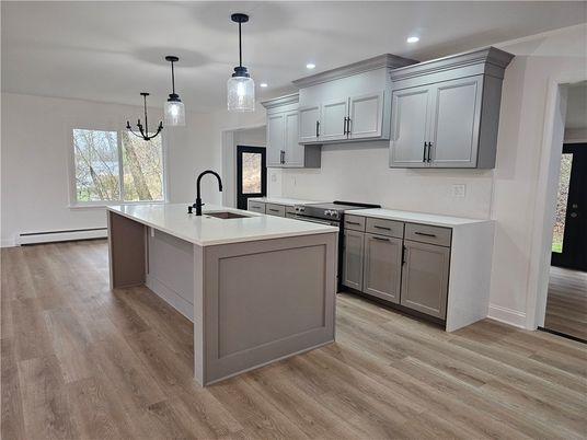 Interior, Kitchen, Pendant Lights, Recessed Lighting, Wood Texture Flooring