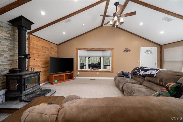 Fireplace, Interior, Living room, Recessed Lighting, Stone Walls, Wooden Beams