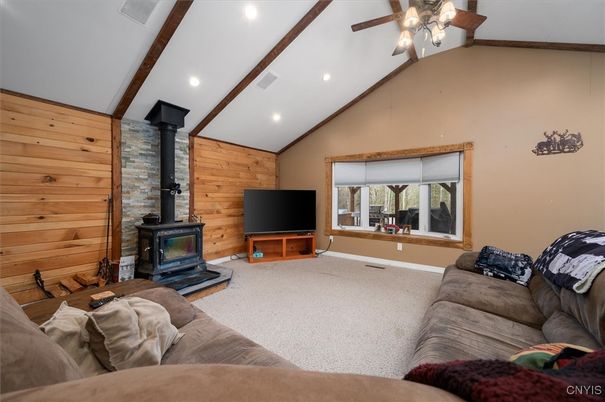 Fireplace, Interior, Living room, Recessed Lighting, Stone Walls, Wooden Beams, Wooden Walls