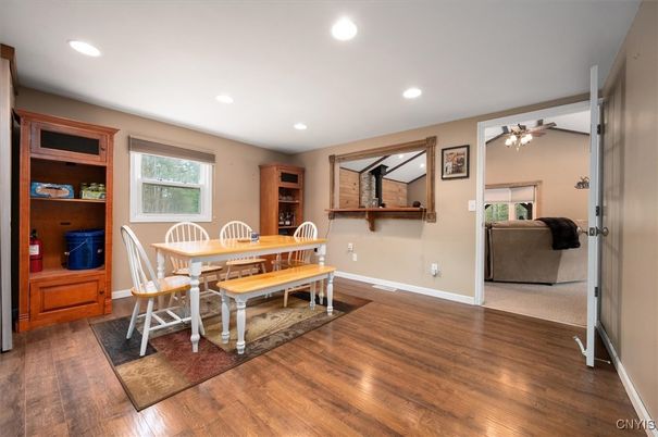 Dining room, Interior, Recessed Lighting, Wood Texture Flooring