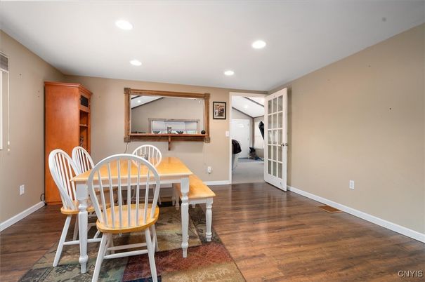 Dining room, Interior, Recessed Lighting, Wood Texture Flooring