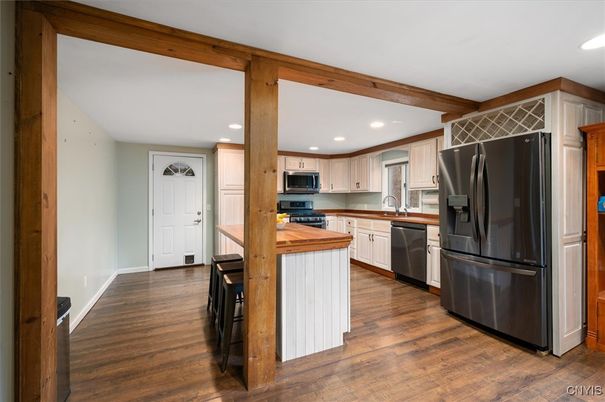 Interior, Kitchen, Recessed Lighting, Stainless Steel Appliances, Wooden Beams, Wood Texture Flooring