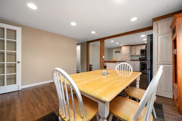 Dining room, Interior, Kitchen, Recessed Lighting, Wood Texture Flooring