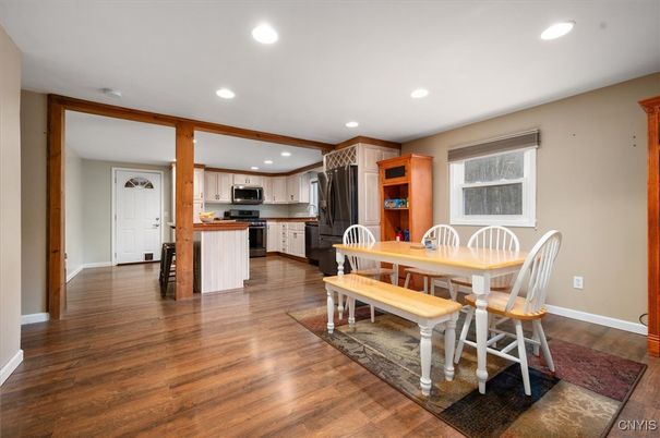 Dining room, Interior, Kitchen, Recessed Lighting, Wood Texture Flooring