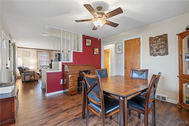 Dining room, Interior, Pendant Lights, Wood Texture Flooring
