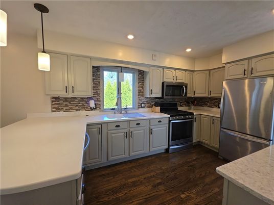 Interior, Kitchen, Pendant Lights, Recessed Lighting, Stainless Steel Appliances, Wood Texture Flooring