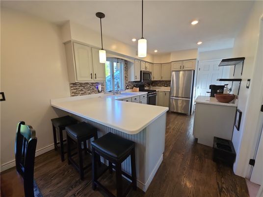 Interior, Kitchen, Pendant Lights, Recessed Lighting, Stainless Steel Appliances, Wood Texture Flooring