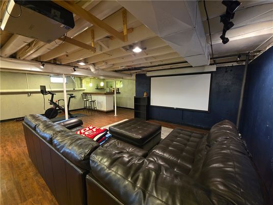 Fitness Equipment, Interior, Projection Screen, Theatre Room, Wood Texture Flooring