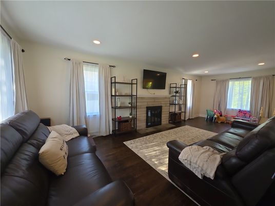 Fireplace, Interior, Living room, Recessed Lighting, Wood Texture Flooring