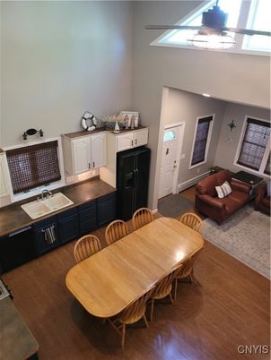 Dining room, Fireplace, Interior, Living room, Wood Texture Flooring