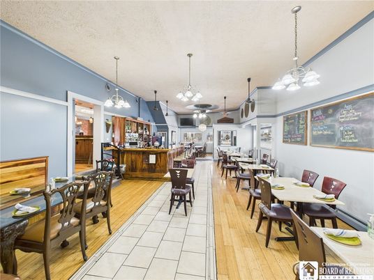 Dining room, Interior, Pendant Lights, Wood Texture Flooring