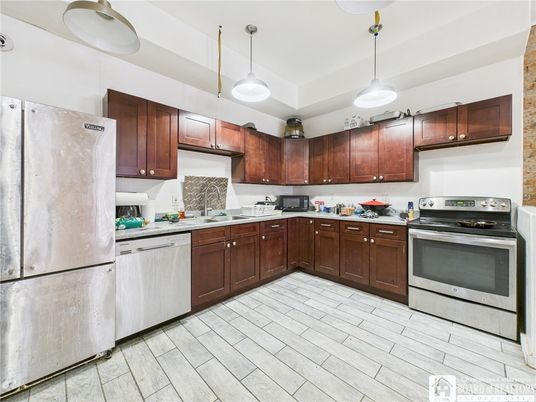 Interior, Kitchen, Pendant Lights, Stainless Steel Appliances, Wood Texture Flooring