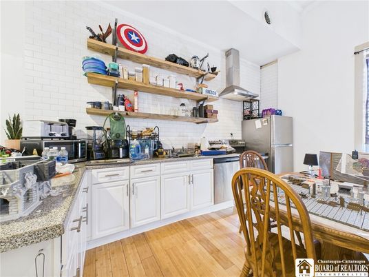 Interior, Kitchen, Stainless Steel Appliances, Stone Walls, Wood Texture Flooring