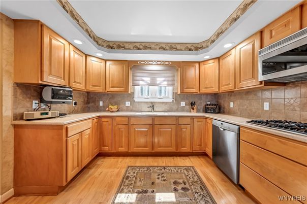 Interior, Kitchen, Recessed Lighting, Stainless Steel Appliances, Wood Texture Flooring