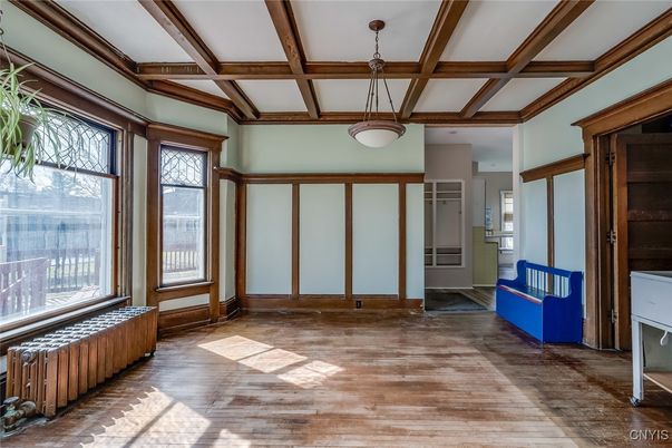 Empty room, Interior, Pendant Lights, Wooden Beams, Wood Texture Flooring