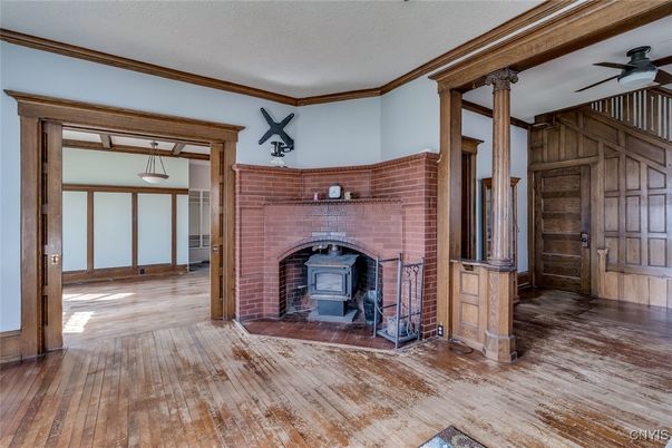 Fireplace, Interior, Pendant Lights, Stone Walls, Wood Texture Flooring