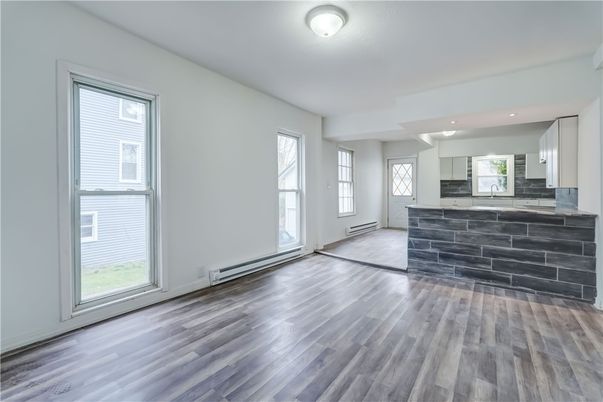 Empty room, Interior, Kitchen, Recessed Lighting, Wood Texture Flooring