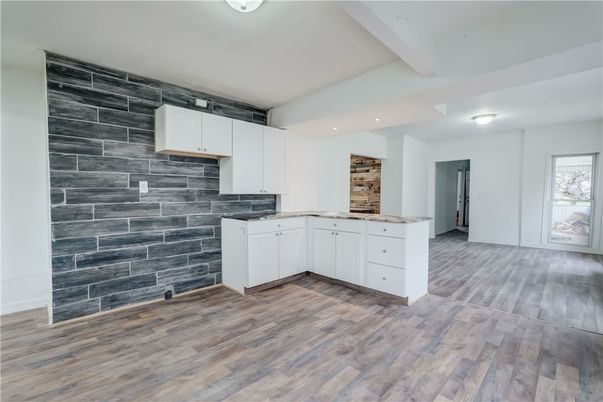 Empty room, Interior, Kitchen, Recessed Lighting, Wood Texture Flooring