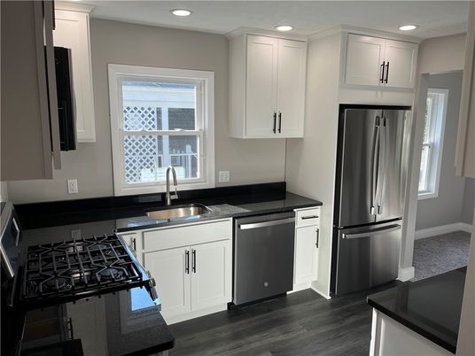Interior, Kitchen, Recessed Lighting, Stainless Steel Appliances, Wood Texture Flooring