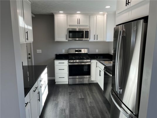 Interior, Kitchen, Recessed Lighting, Stainless Steel Appliances, Wood Texture Flooring