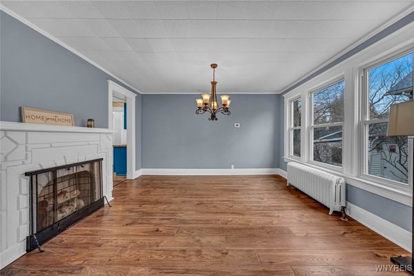 Chandelier, Empty room, Fireplace, Interior, Wood Texture Flooring