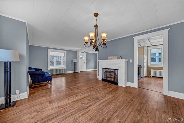 Chandelier, Empty room, Fireplace, Interior, Wood Texture Flooring