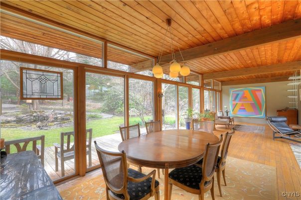 Dining room, Interior, Pendant Lights, Sun Room, Wooden Beams, Wooden Ceilings, Wood Texture Flooring