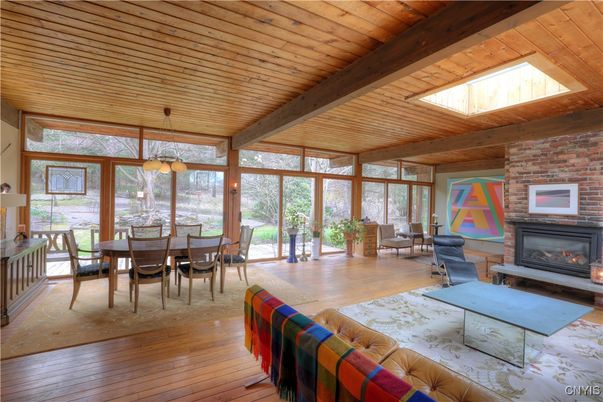 Dining room, Fireplace, Interior, Living room, Pendant Lights, Stone Walls, Wooden Beams, Wooden Ceilings, Wood Texture Flooring