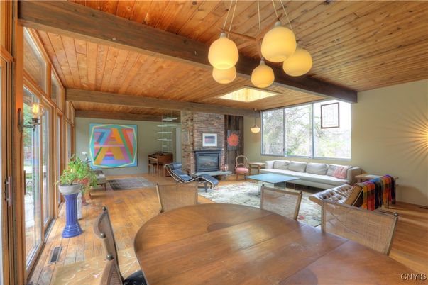 Dining room, Fireplace, Interior, Living room, Pendant Lights, Stone Walls, Wooden Beams, Wooden Ceilings, Wood Texture Flooring