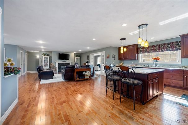 Fireplace, Interior, Kitchen, Living room, Pendant Lights, Recessed Lighting, Wood Texture Flooring