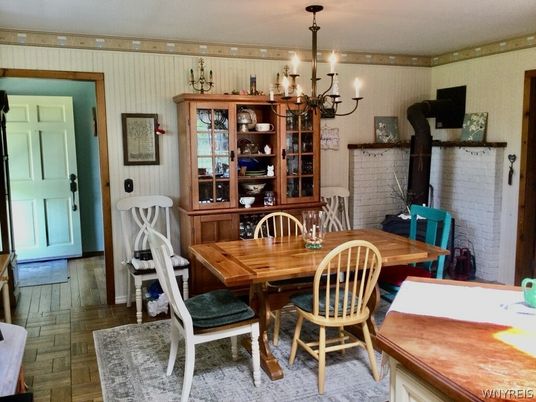 Chandelier, Dining room, Interior, Stone Walls, Wood Texture Flooring