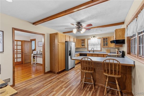 Interior, Kitchen, Recessed Lighting, Wooden Beams, Wood Texture Flooring