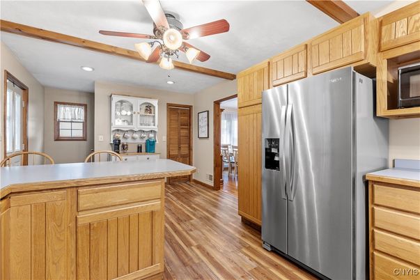 Interior, Kitchen, Recessed Lighting, Stainless Steel Appliances, Wooden Beams, Wood Texture Flooring