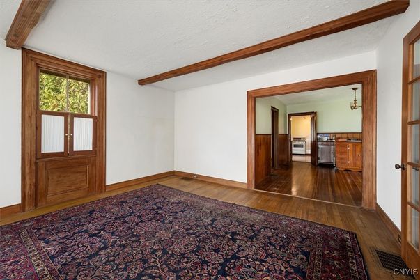 Empty room, Interior, Kitchen, Stainless Steel Appliances, Wooden Beams, Wood Texture Flooring
