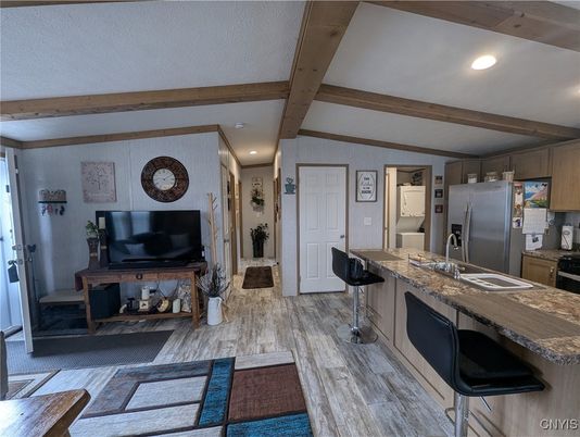 Interior, Kitchen, Recessed Lighting, Stainless Steel Appliances, Wooden Beams, Wood Texture Flooring