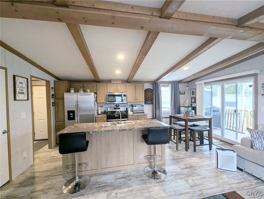 Dining room, Interior, Kitchen, Recessed Lighting, Stainless Steel Appliances, Wooden Beams, Wood Texture Flooring