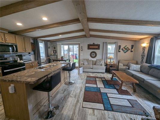 Interior, Kitchen, Living room, Recessed Lighting, Stainless Steel Appliances, Wooden Beams, Wood Texture Flooring