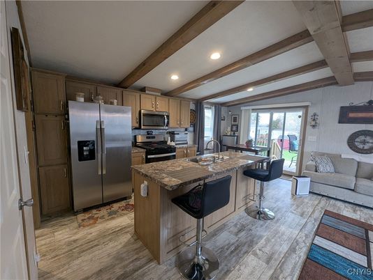 Interior, Kitchen, Living room, Recessed Lighting, Stainless Steel Appliances, Wooden Beams, Wood Texture Flooring