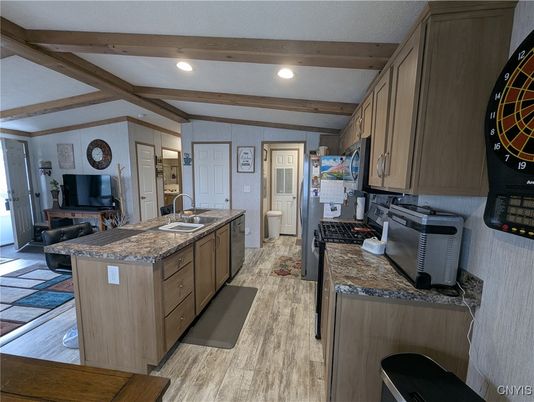 Interior, Kitchen, Recessed Lighting, Wooden Beams, Wood Texture Flooring