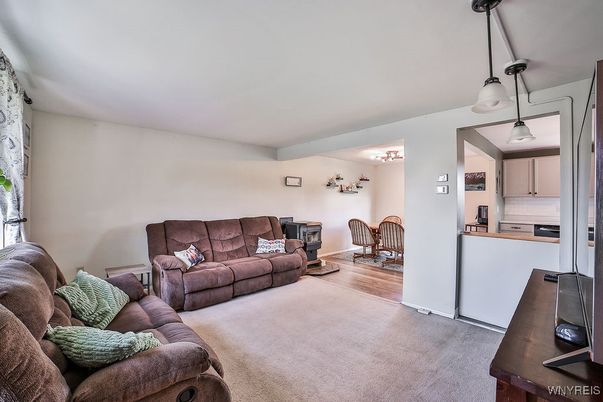 Dining room, Interior, Kitchen, Living room, Pendant Lights, Stainless Steel Appliances, Wood Texture Flooring