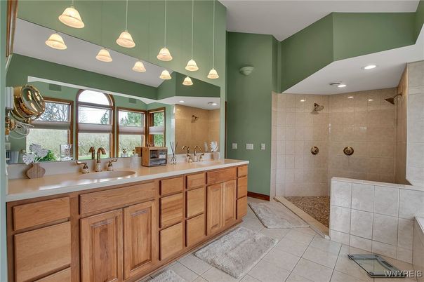 Bathroom, Dual Sink Vanities, Glass Shower, Interior, Pendant Lights, Recessed Lighting