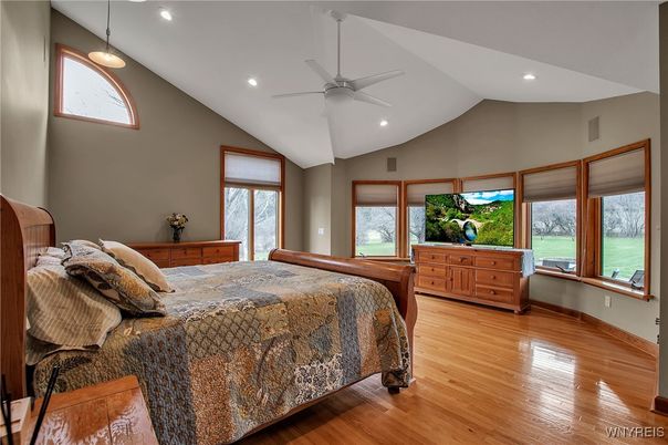 Bedroom, Interior, Pendant Lights, Recessed Lighting, Wood Texture Flooring
