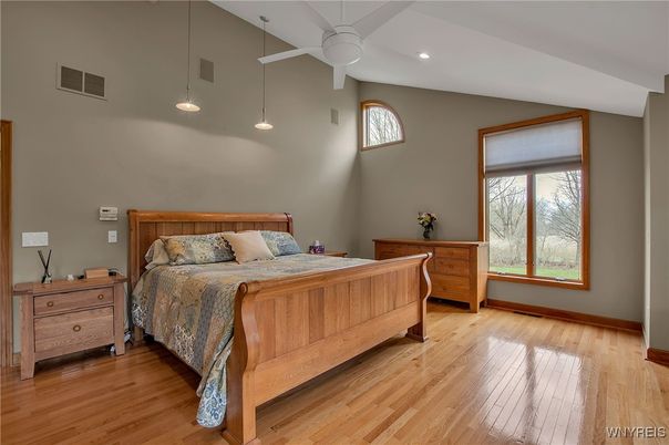 Bedroom, Interior, Pendant Lights, Recessed Lighting, Wood Texture Flooring