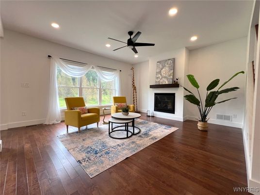 Fireplace, Interior, Living room, Recessed Lighting, Wood Texture Flooring