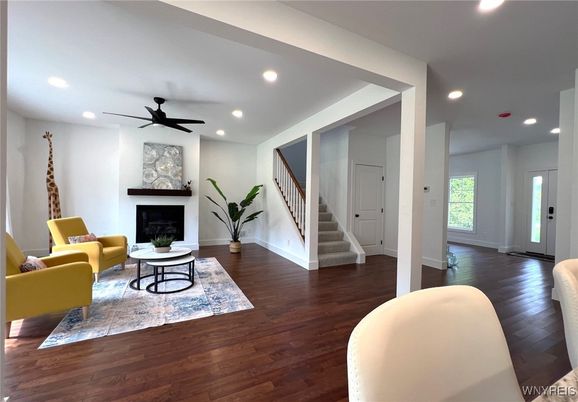 Fireplace, Interior, Living room, Recessed Lighting, Wood Texture Flooring