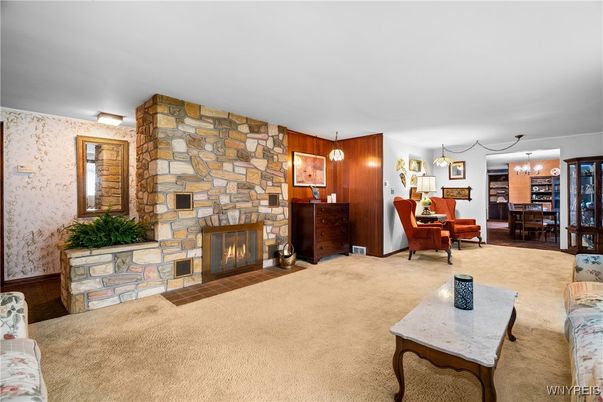 Dining room, Fireplace, Interior, Living room, Pendant Lights, Stone Walls